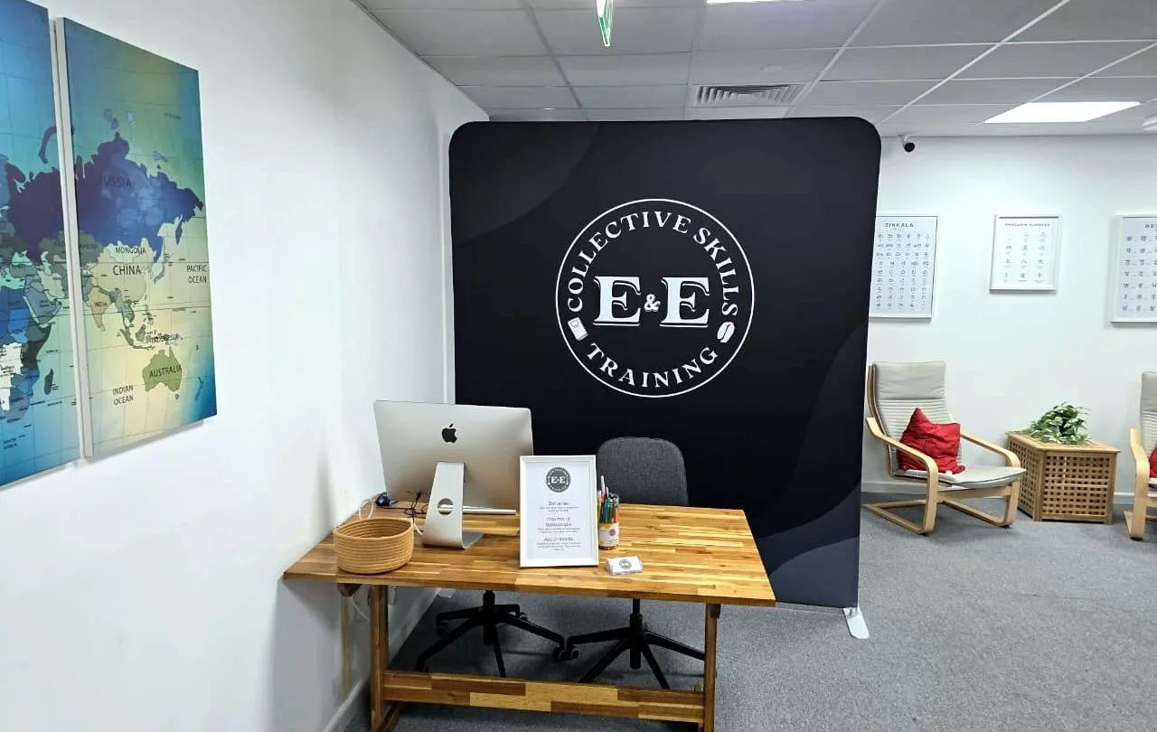 Reception of the Espresso & Expression Collective Skills Training facility in Dubai, a fit-out project delivered by Widget Tech